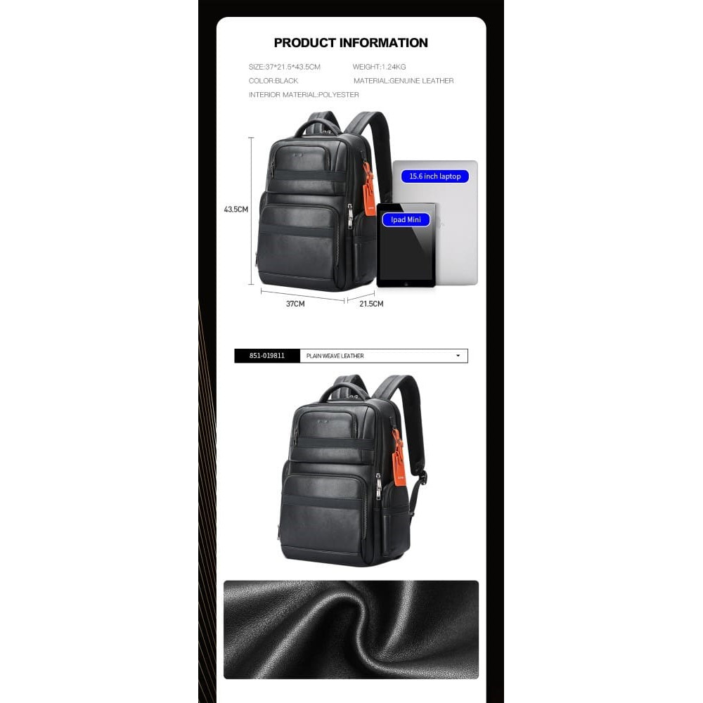 Δερμάτινο Σακίδιο πλάτης Αντικλεπτικό 35L Laptop 17,3” Bopai 851-019811 μαύρο