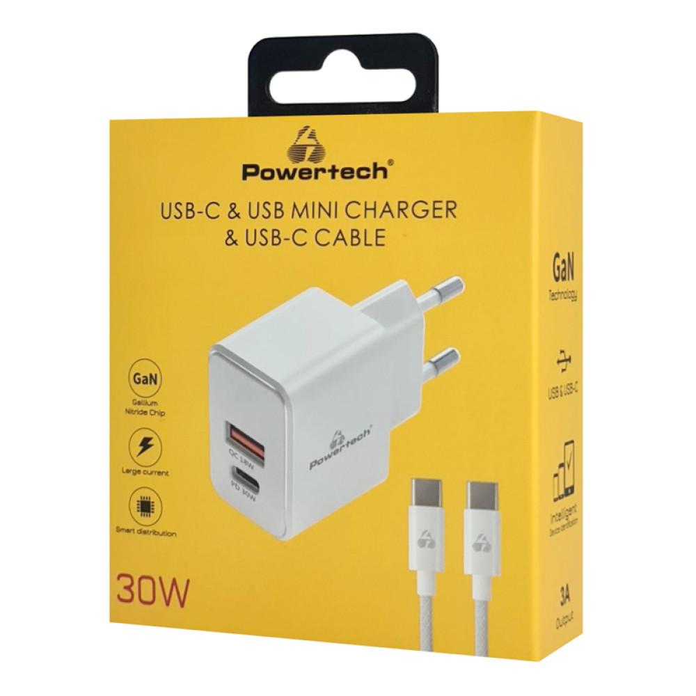 POWERTECH φορτιστής τοίχου PT-1249, καλώδιο, USB/USB-C, 30W, GaN, λευκός POWERTECH φορτιστής τοίχου PT-1249, καλώδιο, USB/USB-C, 30W, GaN, λευκός