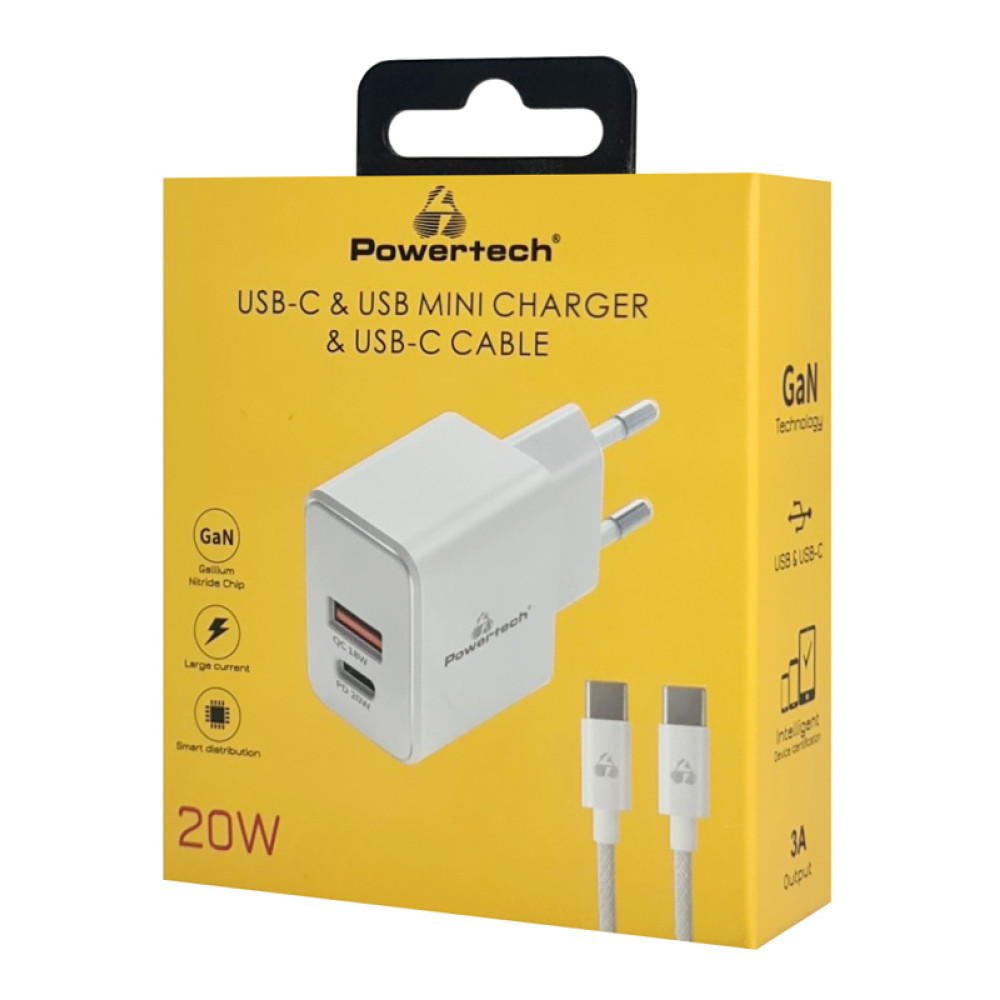POWERTECH φορτιστής τοίχου PT-1248, καλώδιο, USB/USB-C, 20W, GaN, λευκός POWERTECH φορτιστής τοίχου PT-1248, καλώδιο, USB/USB-C, 20W, GaN, λευκός