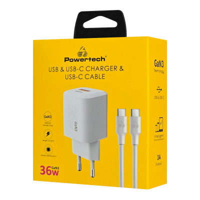 POWERTECH φορτιστής τοίχου PT-1351 με καλώδιο, USB/USB-C, 36W, GaN, λευκός