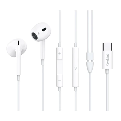 CELEBRAT earphones με μικρόφωνο E400, USB-C σύνδεση, Φ14mm, 1.2m, λευκά