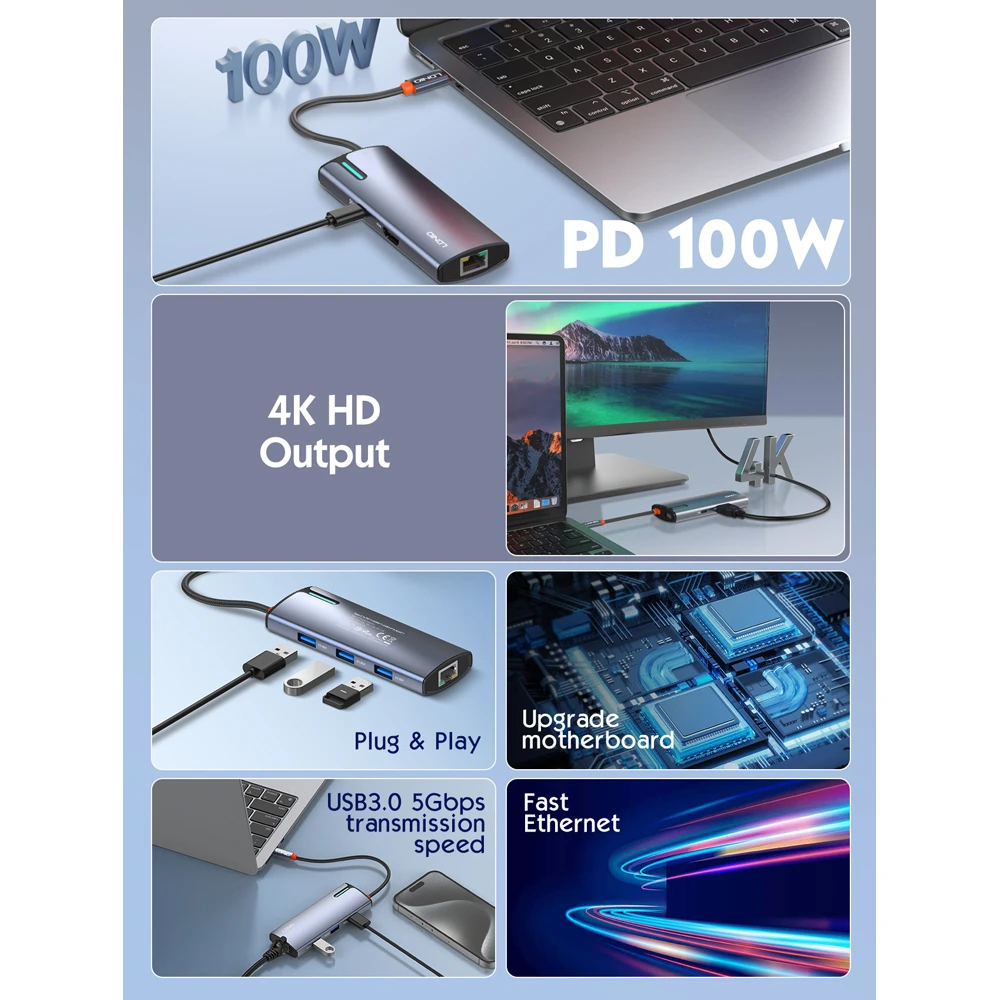 LDNIO docking station DS-16H, 6 θυρών, USB-C σύνδεση, 4K, 100W PD, γκρι LDNIO docking station DS-16H, 6 θυρών, USB-C σύνδεση, 4K, 100W PD, γκρι