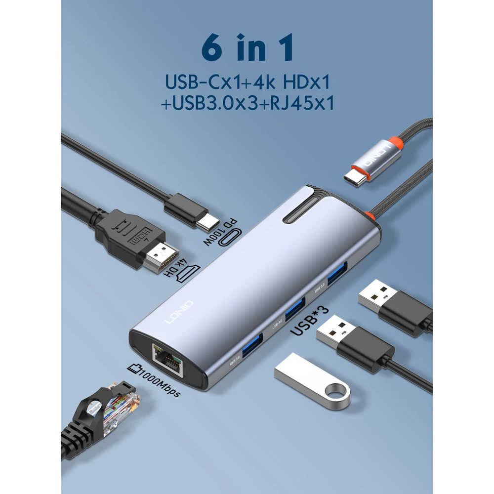 LDNIO docking station DS-16H, 6 θυρών, USB-C σύνδεση, 4K, 100W PD, γκρι LDNIO docking station DS-16H, 6 θυρών, USB-C σύνδεση, 4K, 100W PD, γκρι
